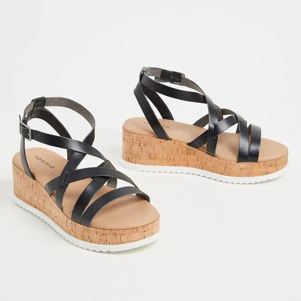 Torrid Women's Black Cork‎ Round Toe Ankle Strap Platform Gladiator Sandal 11.5W